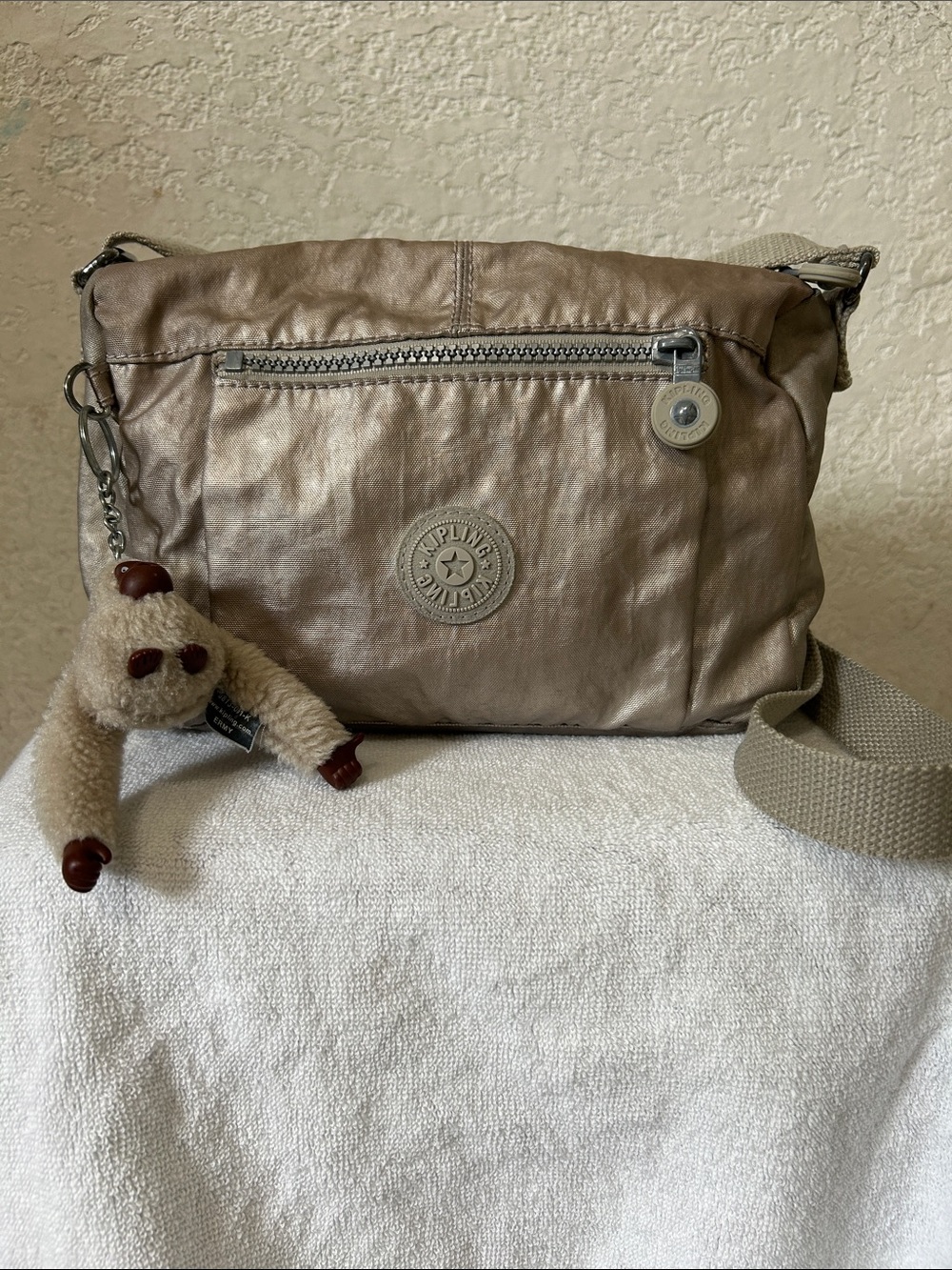 Kipling Metallic Taupe Crossbody with Monkey Charm